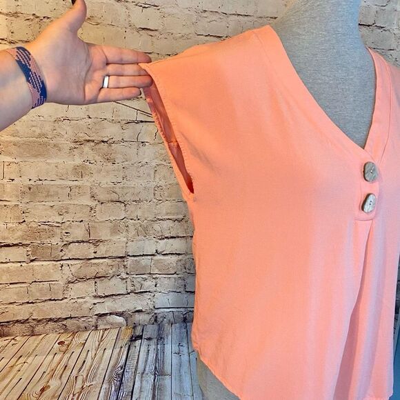 Lascana Womens Blouse Top Short Sleeve V Neck Abalone Button Coral Orange 10 - Picture 5 of 8